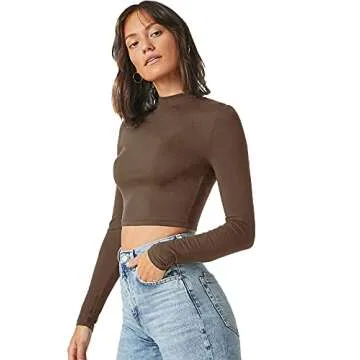 Verdusa Women's Basic Mock Neck Long Sleeve Fitted Crop T Shirt Top Coffee S