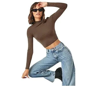 Verdusa Women's Basic Mock Neck Long Sleeve Fitted Crop T Shirt Top Coffee S