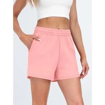 AUTOMET Womens Sweat Shorts Casual Summer Drawstring Comfy Elastic High Waist Running Clothes with Pockets Pink S
