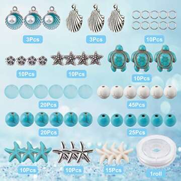 SUNNYCLUE 1 Box DIY 6Pcs Summer Ocean Theme 8mm Turquoise Beads Bracelets Shell Charms Bracelet Maki...