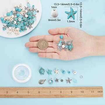 SUNNYCLUE 1 Box DIY 6Pcs Summer Ocean Theme 8mm Turquoise Beads Bracelets Shell Charms Bracelet Making Kit Turtle Beads for Jewelry Making Alloy Starfish Sandal Beads Necklace Anklets Craft Supplies