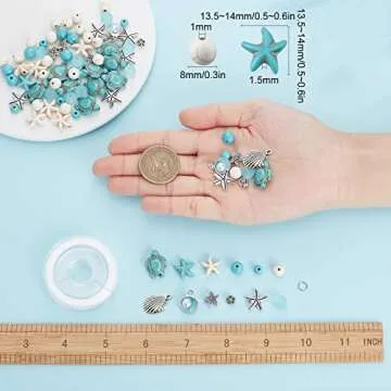 SUNNYCLUE 1 Box DIY 6Pcs Summer Ocean Theme 8mm Turquoise Beads Bracelets Shell Charms Bracelet Making Kit Turtle Beads for Jewelry Making Alloy Starfish Sandal Beads Necklace Anklets Craft Supplies