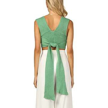 Women’s Crop Sweater Top Sleeveless Tie Strappy Backless Knitted V Neck Casual Jumper Crop Tank Cami Vest Top (OneSize, Green)