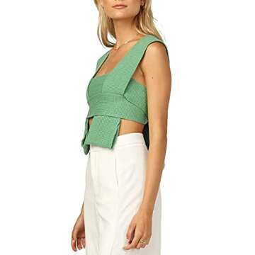 Women’s Crop Sweater Top Sleeveless Tie Strappy Backless Knitted V Neck Casual Jumper Crop Tank Cami Vest Top (OneSize, Green)