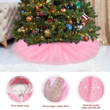FIABC Christmas Wedding Tree Skirt,47 inch 4-Layer Fluffy Romantic Pleated Sparkly Skirt Decoration Xmas Tree Ornament for Holiday and Party(Pink)