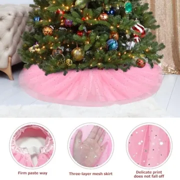 FIABC Christmas Wedding Tree Skirt,47 inch 4-Layer Fluffy Romantic Pleated Sparkly Skirt Decoration Xmas Tree Ornament for Holiday and Party(Pink)