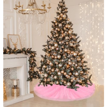 FIABC Christmas Wedding Tree Skirt,47 inch 4-Layer Fluffy Romantic Pleated Sparkly Skirt Decoration Xmas Tree Ornament for Holiday and Party(Pink)