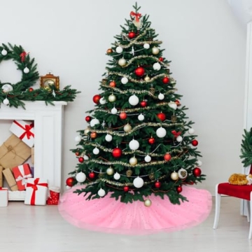 FIABC Christmas Wedding Tree Skirt,47 inch 4-Layer Fluffy Romantic Pleated Sparkly Skirt Decoration Xmas Tree Ornament for Holiday and Party(Pink)