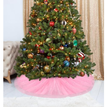 FIABC Christmas Wedding Tree Skirt,47 inch 4-Layer Fluffy Romantic Pleated Sparkly Skirt Decoration Xmas Tree Ornament for Holiday and Party(Pink)