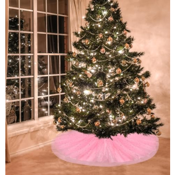 FIABC Christmas Wedding Tree Skirt,47 inch 4-Layer Fluffy Romantic Pleated Sparkly Skirt Decoration Xmas Tree Ornament for Holiday and Party(Pink)
