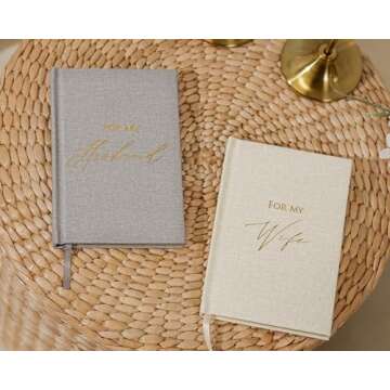 Hard Cover Vow Books (Set of 2) - For My Husband & For My Wife Grey & Cream Pocket Sized Foil Embossed Wedding Ceremony Vow Renewal Speech Notebook Planner, Gift for Bride & Groom Newly Engaged Couple