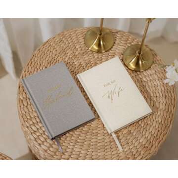 Hard Cover Vow Books (Set of 2) - For My Husband & For My Wife Grey & Cream Pocket Sized Foil Embossed Wedding Ceremony Vow Renewal Speech Notebook Planner, Gift for Bride & Groom Newly Engaged Couple