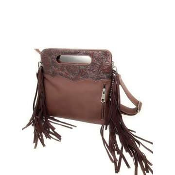 Texas West Handcrafted Genuine Leather Western Cowhide Womens Fringe Clutch Crossbody Bag in 2 Colors (Coffee)