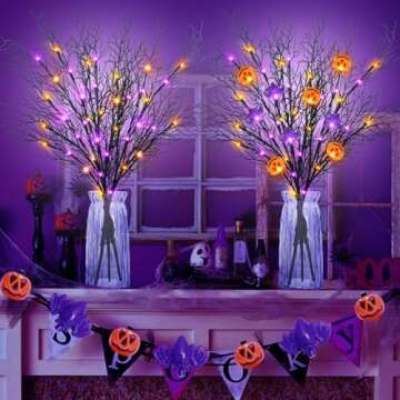 Krissing 3PCS 30" Lighted Halloween Branches with Timer 60LED 5 Jack-O-Lantern Pumpkin & 4 Bats Blac...