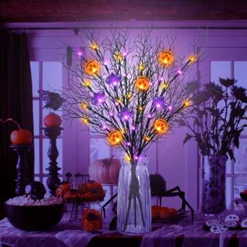 Krissing 3PCS 30" Lighted Halloween Branches with Timer 60LED 5 Jack-O-Lantern Pumpkin & 4 Bats Black Twig Branch Lights Battery Operated for Indoor Outdoor Halloween Party Decor