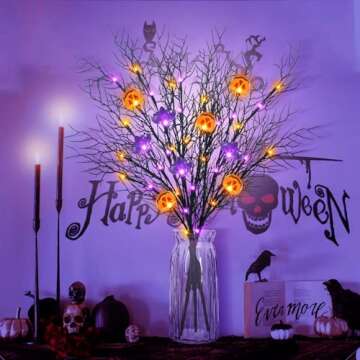 Krissing 3PCS 30" Lighted Halloween Branches with Timer 60LED 5 Jack-O-Lantern Pumpkin & 4 Bats Black Twig Branch Lights Battery Operated for Indoor Outdoor Halloween Party Decor