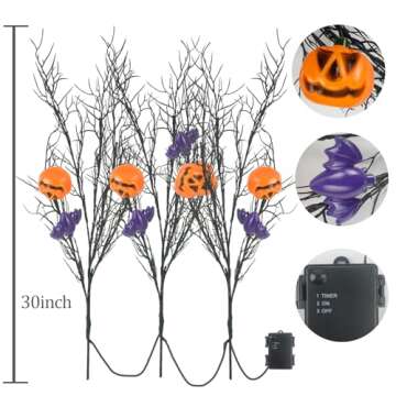 Krissing 3PCS 30" Lighted Halloween Branches with Timer 60LED 5 Jack-O-Lantern Pumpkin & 4 Bats Black Twig Branch Lights Battery Operated for Indoor Outdoor Halloween Party Decor
