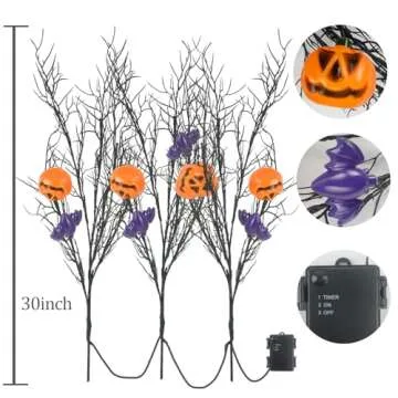 Krissing 3PCS 30" Lighted Halloween Branches with Timer 60LED 5 Jack-O-Lantern Pumpkin & 4 Bats Black Twig Branch Lights Battery Operated for Indoor Outdoor Halloween Party Decor