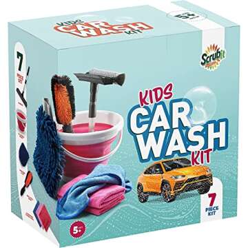 Kids Car Wash Activity Kit – 7 Kid-Sized Carwash Accessories Gifts for Boys & Girls Ages 5 6 7 8-10 - Outdoor Fun Toys – Set Includes Bucket, Squeegee, Microfiber Mitt, Wheel Brush, 3 Cleaning Cloths