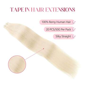 Sixstarhair 50g Tape in Hair Extensions Blonde Hair Extensions Color 60 Ash Blonde Natural Human Hai...