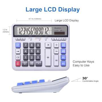Comix Desktop Calculator Solar Battery Dual Power with 12-Digit Large LCD Display and Large Computer Keys Standard Function Calculator for Home Office School, White