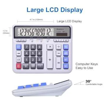 Comix Desktop Calculator Solar Battery Dual Power with 12-Digit Large LCD Display and Large Computer Keys Standard Function Calculator for Home Office School, White