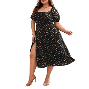 Floerns Women's Plus Size Floral Print Tie Front Square Neck Slit Hem Midi Dress Black 3XL