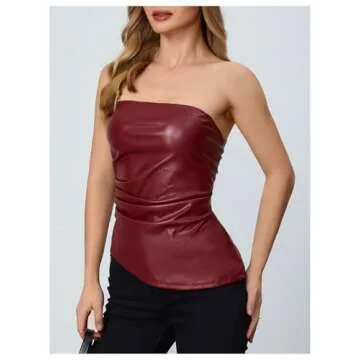 Stylish Faux Leather Strapless Tube Top in Burgundy