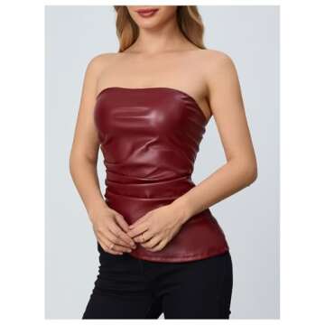 Stylish Faux Leather Strapless Tube Top in Burgundy