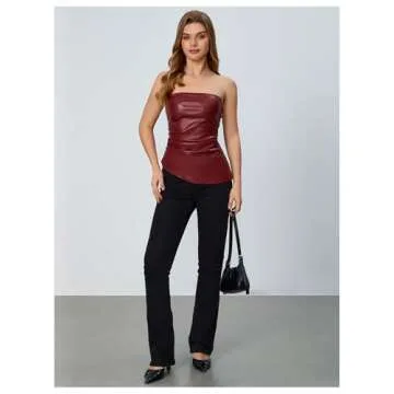 Stylish Faux Leather Strapless Tube Top in Burgundy