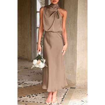 PRETTYGARDEN Women's 2024 Summer Satin Dress Elegant Sleeveless Mock Neck Cocktail Party Maxi Dresses (Champagne,Small)