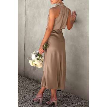 PRETTYGARDEN Women's 2024 Summer Satin Dress Elegant Sleeveless Mock Neck Cocktail Party Maxi Dresses (Champagne,Small)