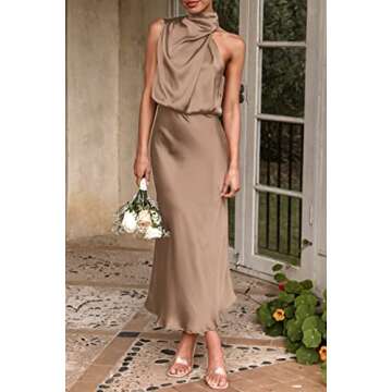 PRETTYGARDEN Women's 2024 Summer Satin Dress Elegant Sleeveless Mock Neck Cocktail Party Maxi Dresses (Champagne,Small)