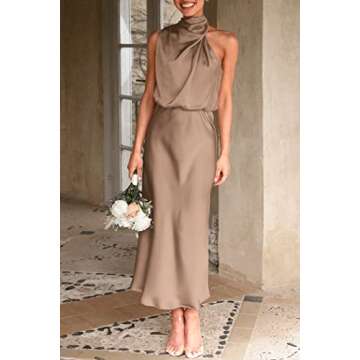 PRETTYGARDEN Women's 2024 Summer Satin Dress Elegant Sleeveless Mock Neck Cocktail Party Maxi Dresses (Champagne,Small)