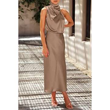 PRETTYGARDEN Women's 2024 Summer Satin Dress Elegant Sleeveless Mock Neck Cocktail Party Maxi Dresses (Champagne,Small)