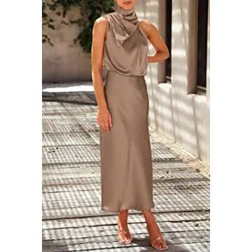 PRETTYGARDEN Women's 2024 Summer Satin Dress Elegant Sleeveless Mock Neck Cocktail Party Maxi Dresses (Champagne,Small)