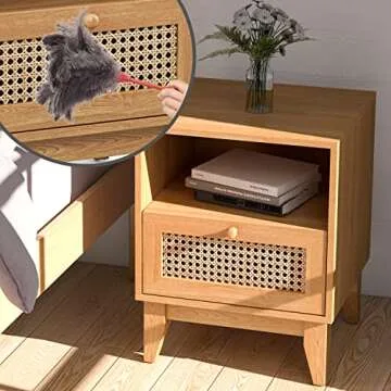 TOLEAD Nightstand Set of 2, Rattan Nightstand with Drawer & Open Shelf, Boho Accent End Table Side Table Bedside Tables with Solid Wood Feet for Bedroom, Living Room