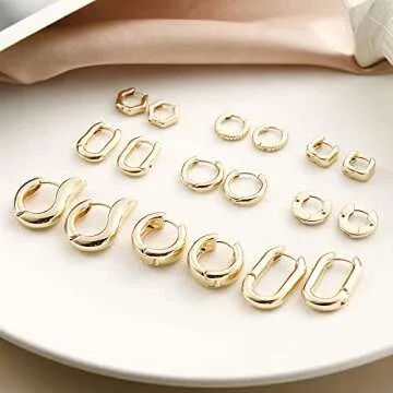 Gold Chunky Hoop Earrings Set Hypoallergenic 14K Gold Plated
