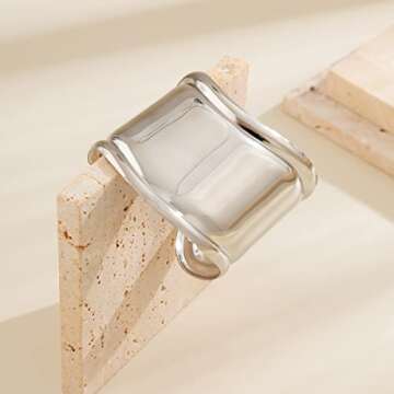 COLORFUL BLING Chunky Gold Silver Open Wide Hammered Wrist Cuff Bangle Adjustable Hollow Leaf Flower Wrap Bracelet for Women Statement Wristband Jewelry-Silver