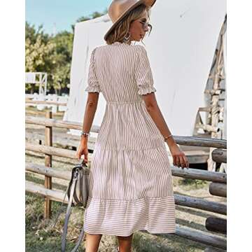 Sexyasasii Women's Summer Short Sleeve Tie Neck Midi Dresses Stripe Elastic Waist Casual Dress with ...