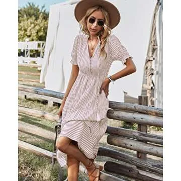 Sexyasasii Women's Summer Short Sleeve Tie Neck Midi Dresses Stripe Elastic Waist Casual Dress with Buttons(BeigeStripe,XL)