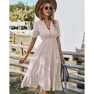 Sexyasasii Women's Summer Short Sleeve Tie Neck Midi Dresses Stripe Elastic Waist Casual Dress with Buttons(BeigeStripe,XL)