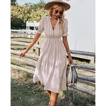 Sexyasasii Women's Summer Short Sleeve Tie Neck Midi Dresses Stripe Elastic Waist Casual Dress with Buttons(BeigeStripe,XL)