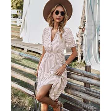 Sexyasasii Women's Summer Short Sleeve Tie Neck Midi Dresses Stripe Elastic Waist Casual Dress with Buttons(BeigeStripe,XL)