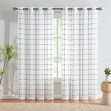 Treatmentex White Sheer Curtains for Living-Room 84 inch Long Grey Checkered Sheer Window Drapes for...