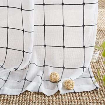 Treatmentex White Sheer Curtains for Living-Room 84 inch Long Grey Checkered Sheer Window Drapes for Bedroom Light Filtering Square Geometric Plaid Farmhouse Décor Grommet Top, White Grey 2 Panels