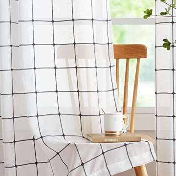 Treatmentex White Sheer Curtains for Living-Room 84 inch Long Grey Checkered Sheer Window Drapes for Bedroom Light Filtering Square Geometric Plaid Farmhouse Décor Grommet Top, White Grey 2 Panels