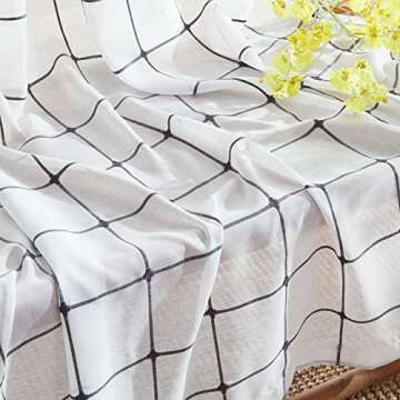 Treatmentex White Sheer Curtains for Living-Room 84 inch Long Grey Checkered Sheer Window Drapes for Bedroom Light Filtering Square Geometric Plaid Farmhouse Décor Grommet Top, White Grey 2 Panels