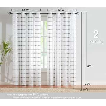 Treatmentex White Sheer Curtains for Living-Room 84 inch Long Grey Checkered Sheer Window Drapes for Bedroom Light Filtering Square Geometric Plaid Farmhouse Décor Grommet Top, White Grey 2 Panels