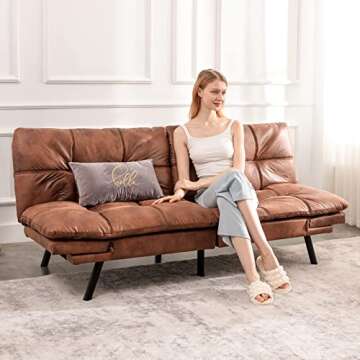 Opoiar Futon Sofa Bed,Lounge Memory Foam Sleeper Couch for Living Room,Convertible Loveseat for Compact Living Spaces,Studio Apartment,Dorm,Home Office,71"-Brown-Faux Leather-Thicker versio